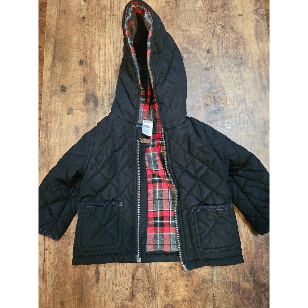 12M Baby Boys Quilted Hooded Jacket with Plaid Lining